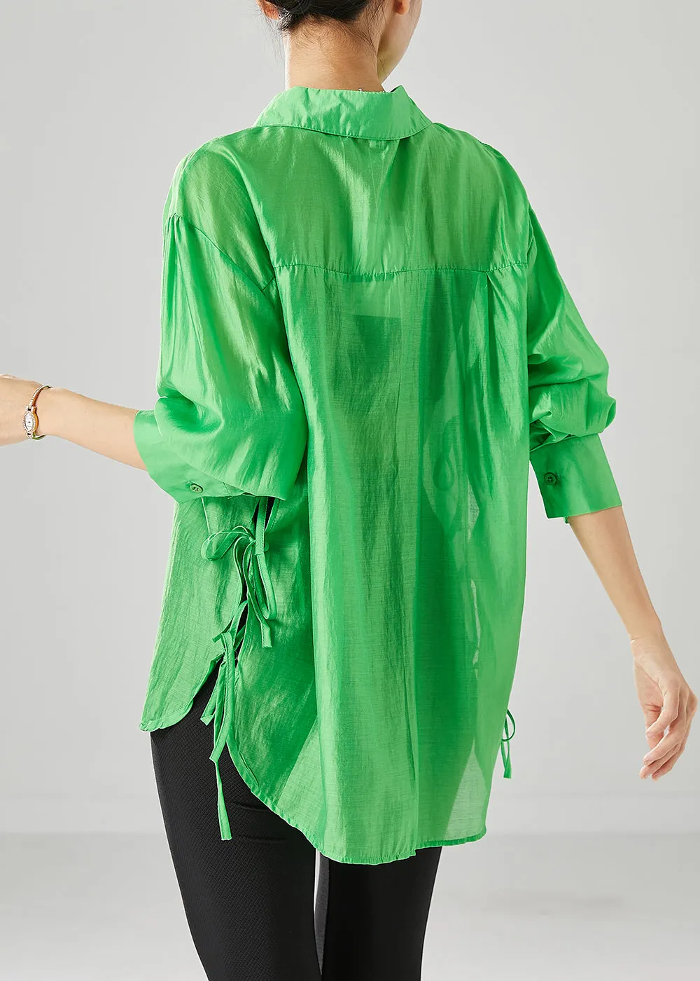 Elegant Fluorescent Green Lace Up Silk Blouses Fall ML2429
