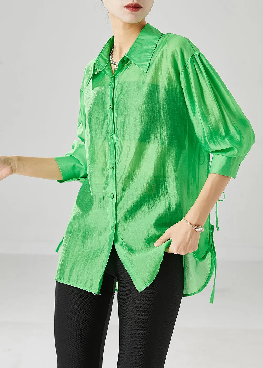 Elegant Fluorescent Green Lace Up Silk Blouses Fall ML2429