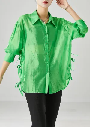 Elegant Fluorescent Green Lace Up Silk Blouses Fall ML2429