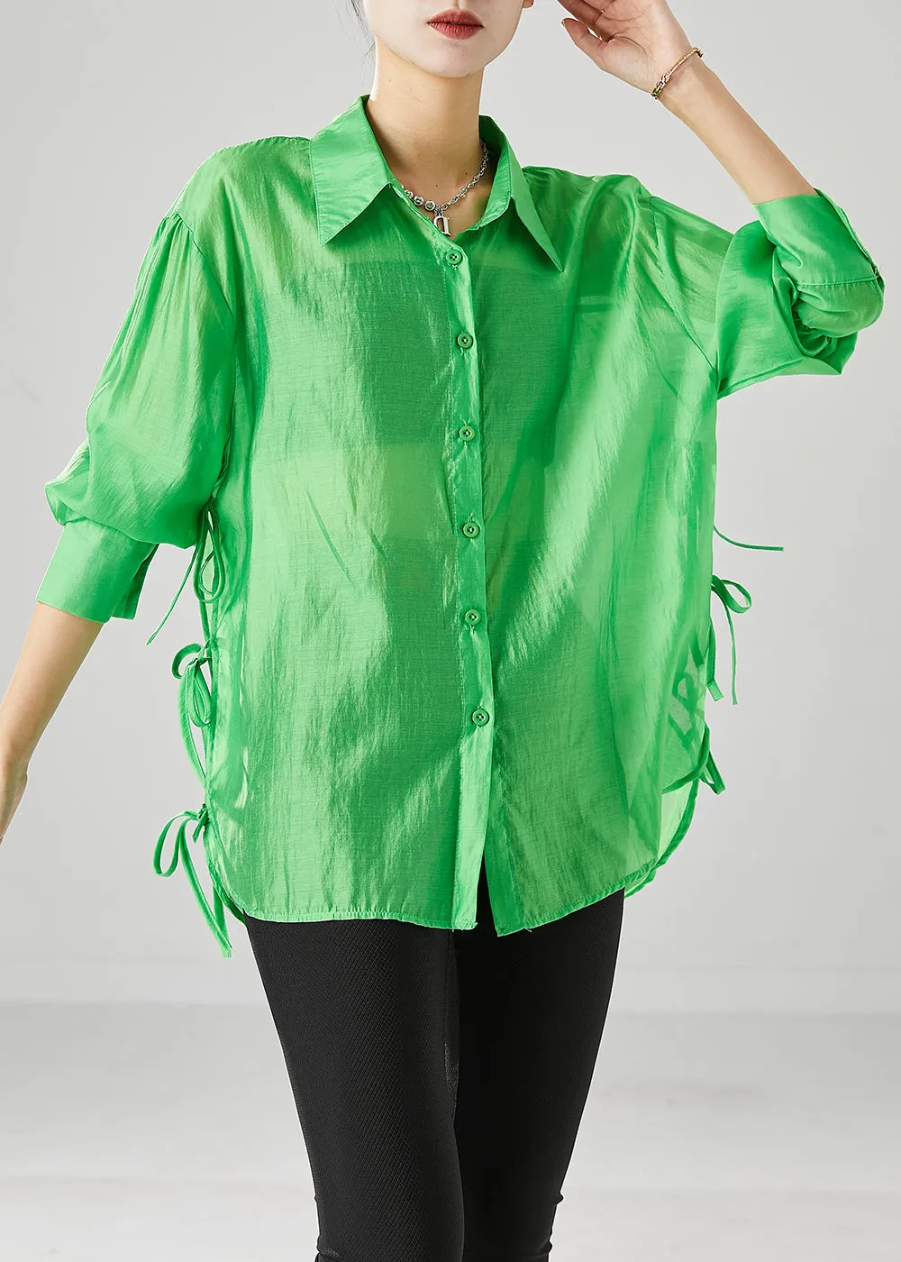 Elegant Fluorescent Green Lace Up Silk Blouses Fall ML2429