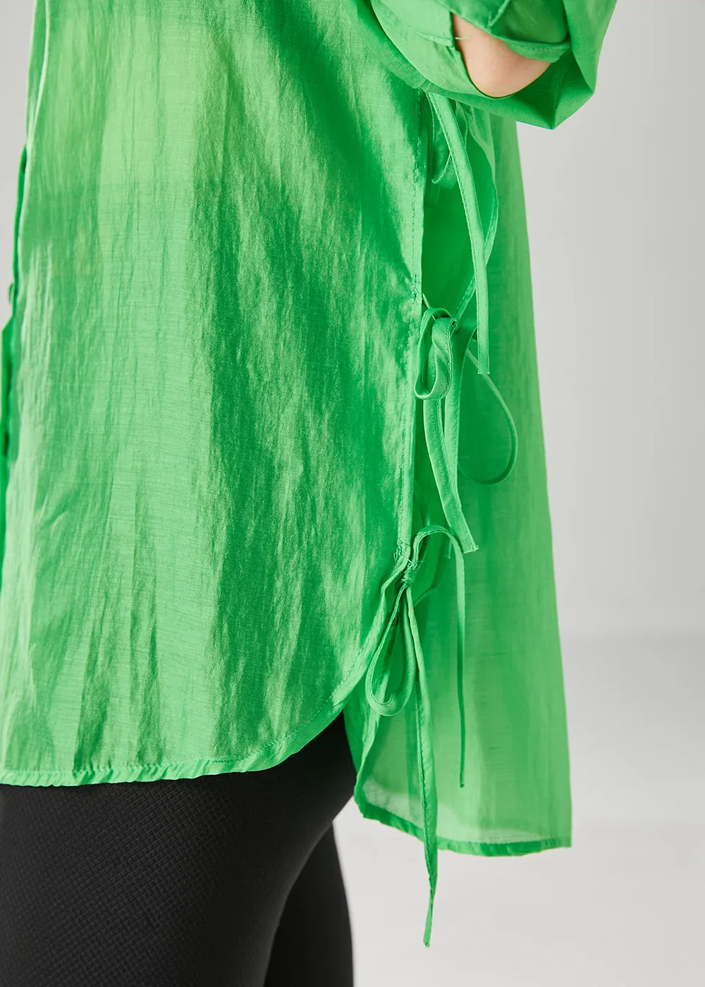 Elegant Fluorescent Green Lace Up Silk Blouses Fall ML2429