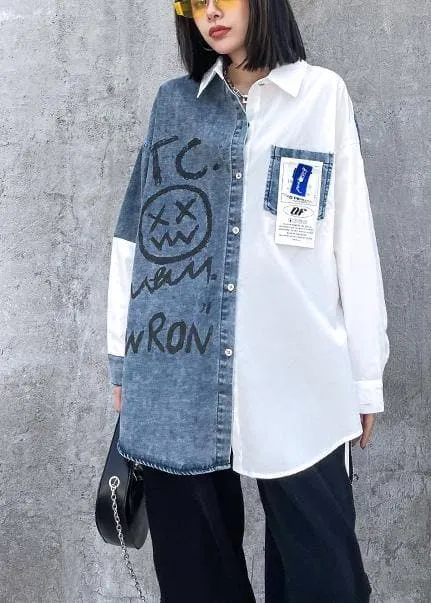 Elegant Letter Tunics For Women Lapel Patchwork Knee Spring Blouses