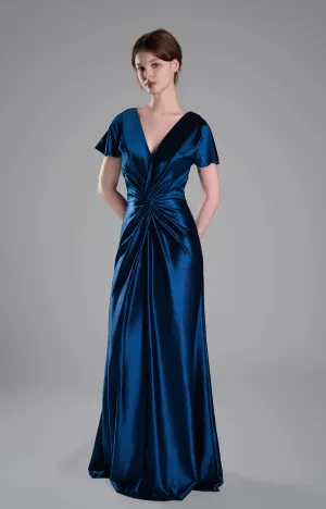 Elegant Pleated V-Neck Flowing Silhouette Satin Dresses