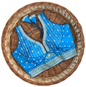 Elegant Sky Blue Colored Back Open Pattern Heavy Silk Readymade Blouse For Women