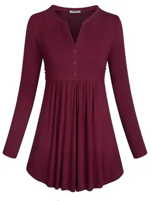 Elegant Women V-neck Buttons Pleated Blouses
