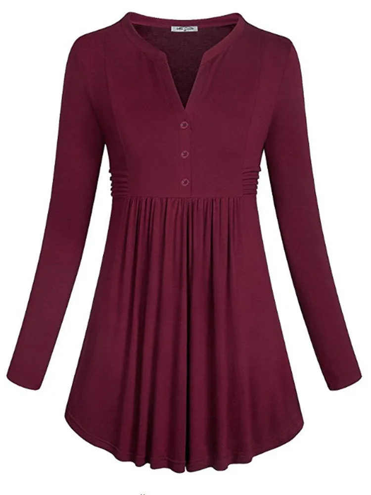 Elegant Women V-neck Buttons Pleated Blouses