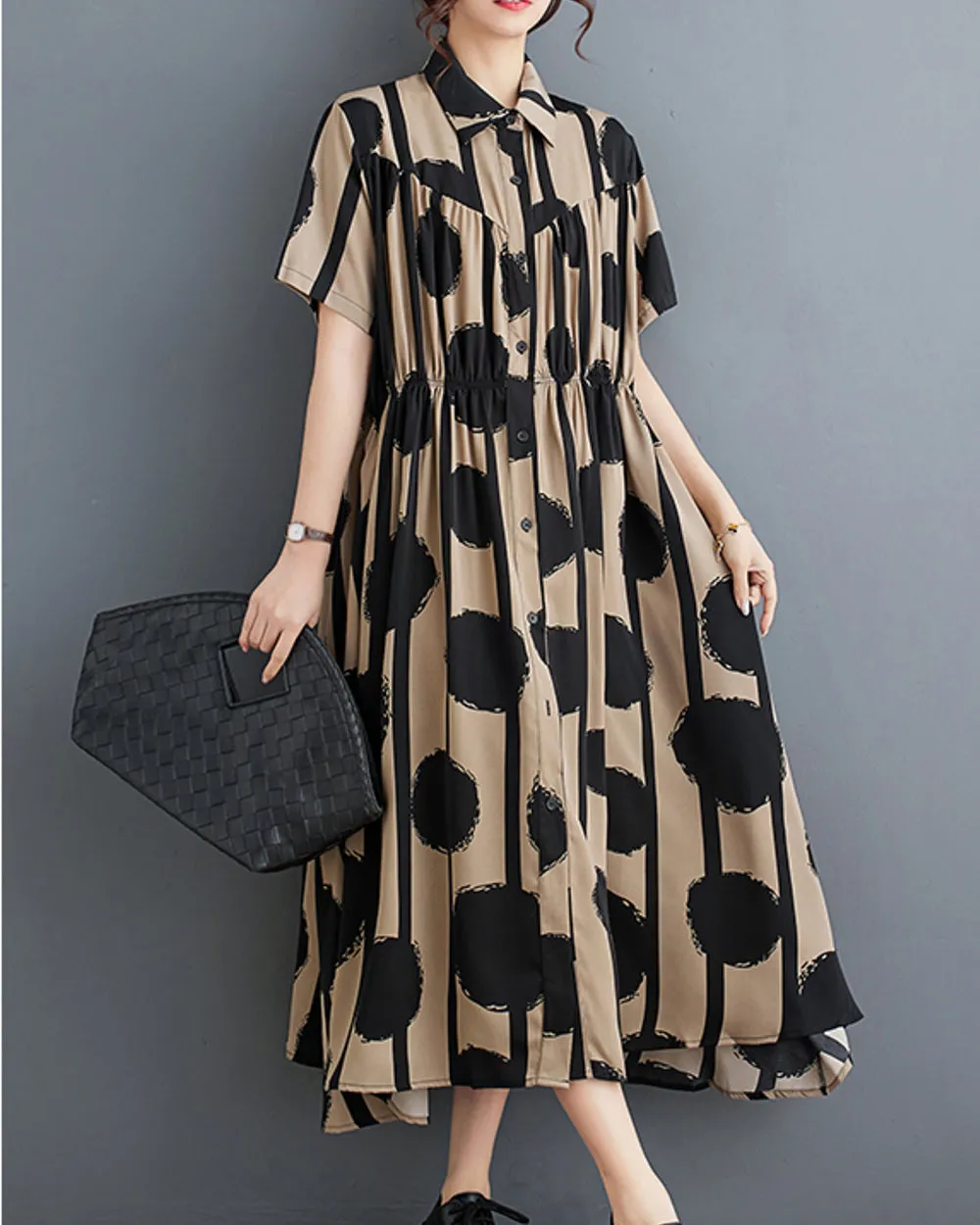 ellazhu Women's Short Sleeves Maxi Length Polka Dot Casual Button Down Tunic Shirt Dress GZ166