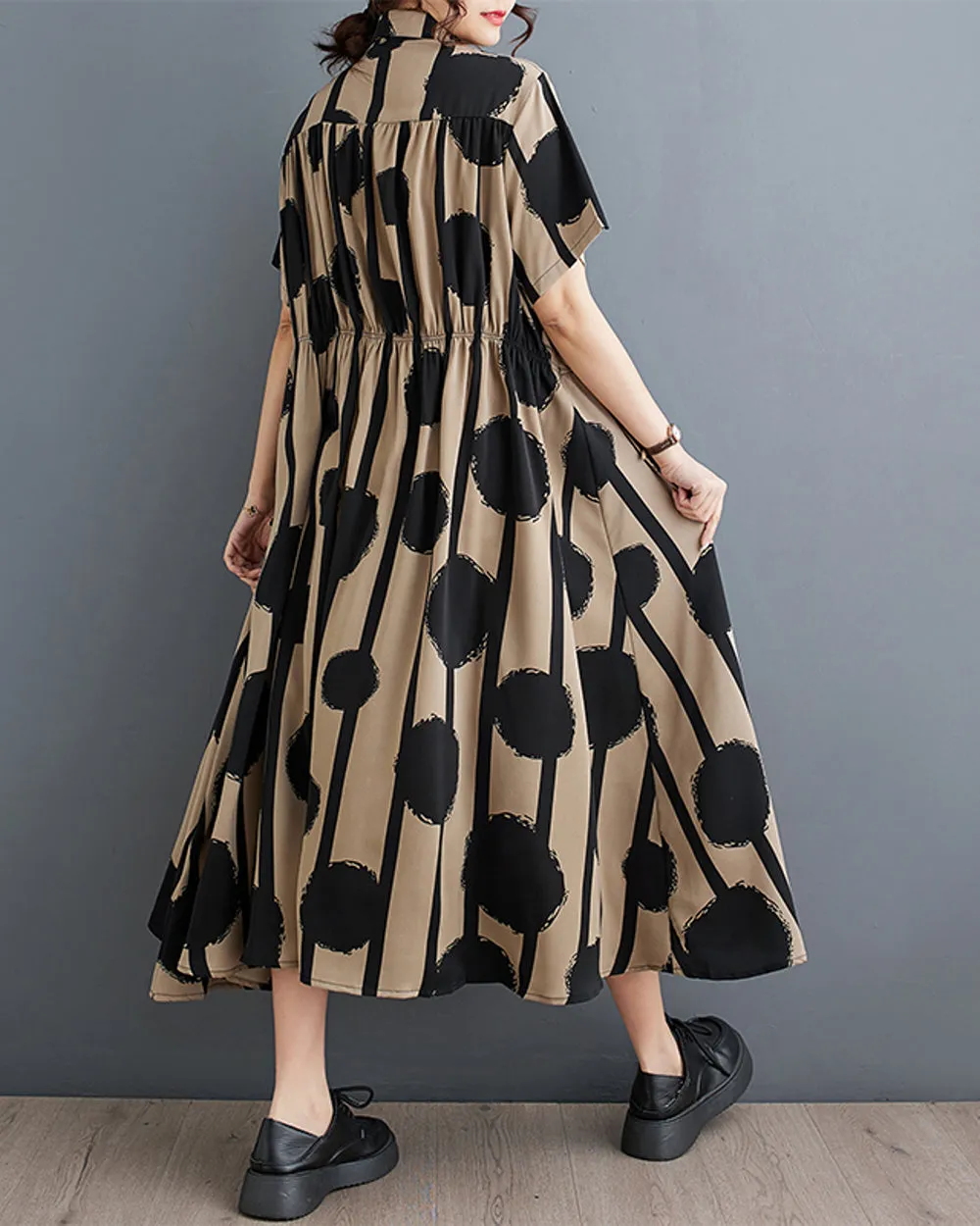 ellazhu Women's Short Sleeves Maxi Length Polka Dot Casual Button Down Tunic Shirt Dress GZ166