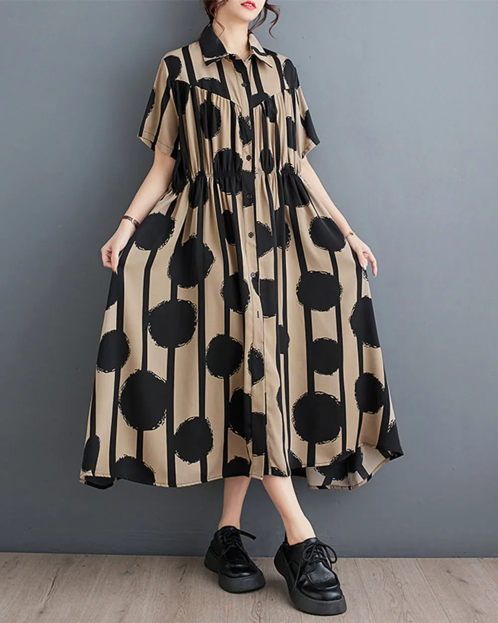 ellazhu Women's Short Sleeves Maxi Length Polka Dot Casual Button Down Tunic Shirt Dress GZ166