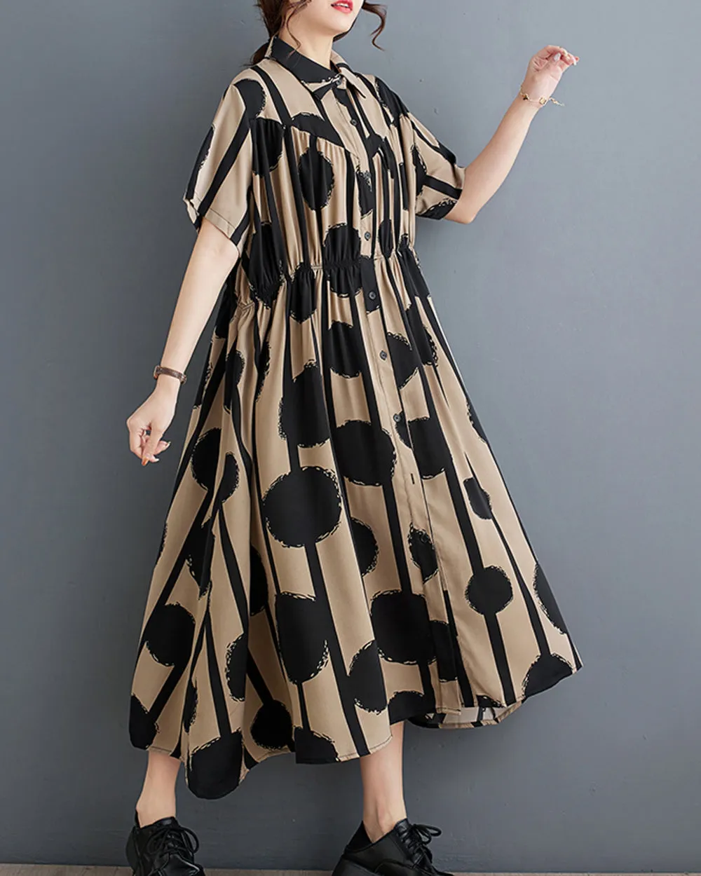 ellazhu Women's Short Sleeves Maxi Length Polka Dot Casual Button Down Tunic Shirt Dress GZ166
