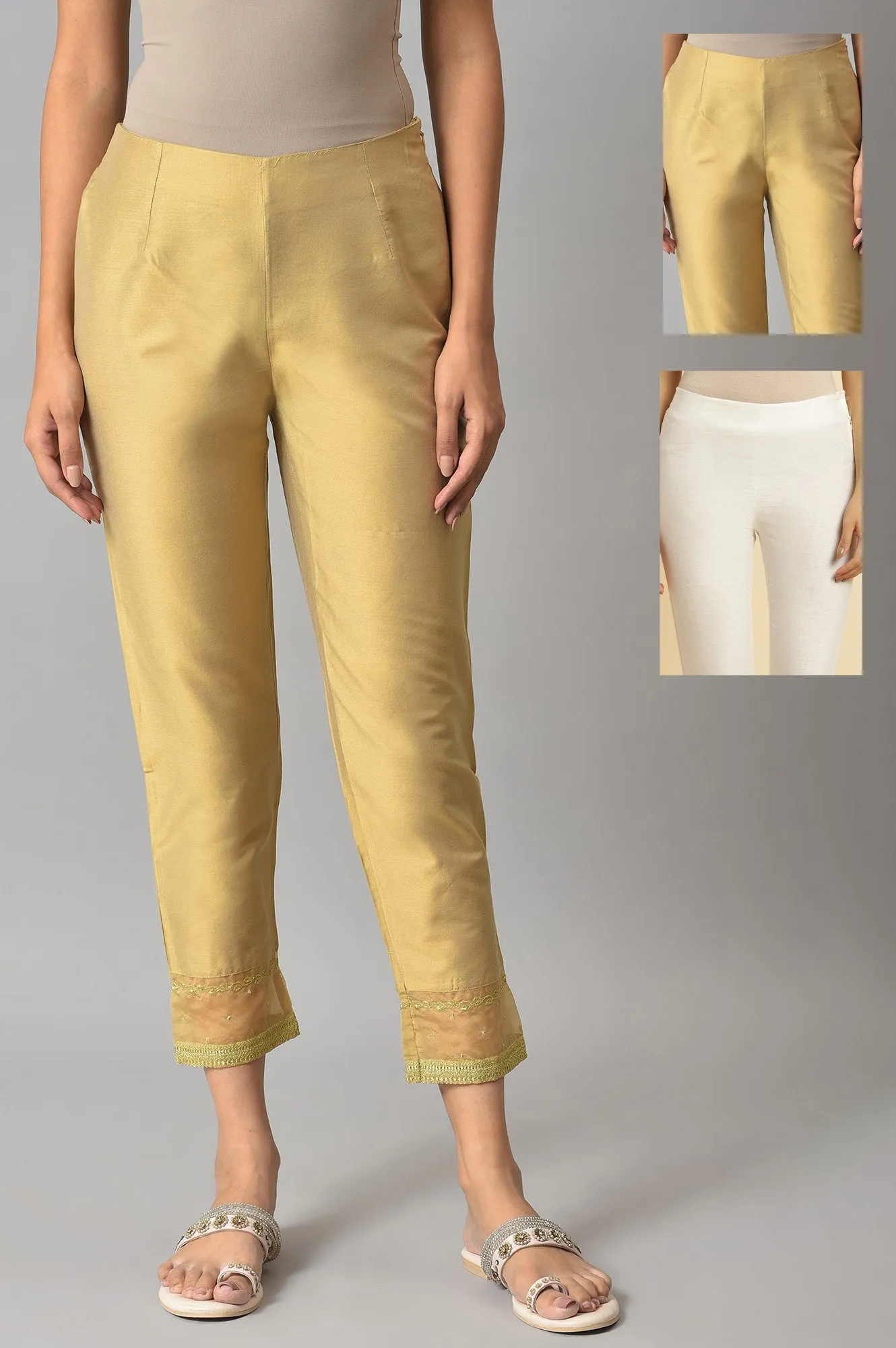 Embroidered Golden And White Slim Pants Combo