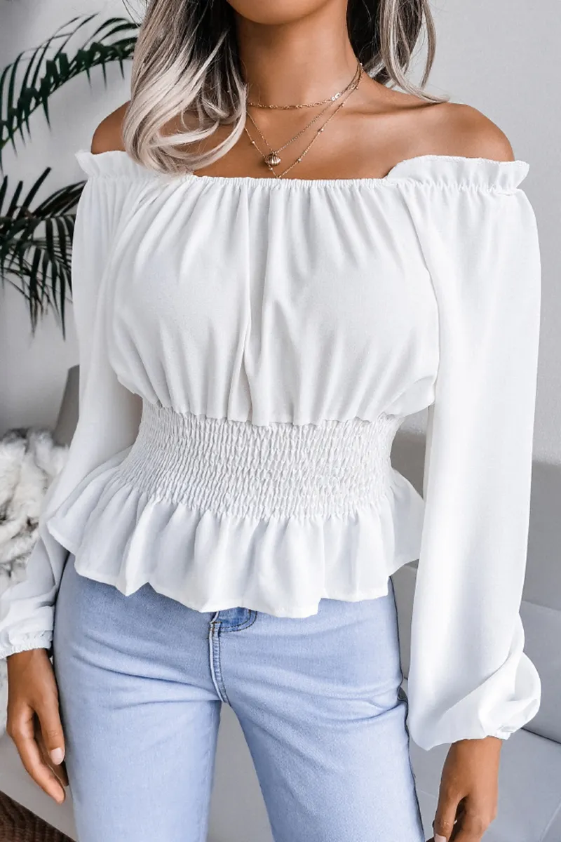 Fashion Elegant Solid Patchwork Flounce Off the Shoulder Blouses(5 Colors)