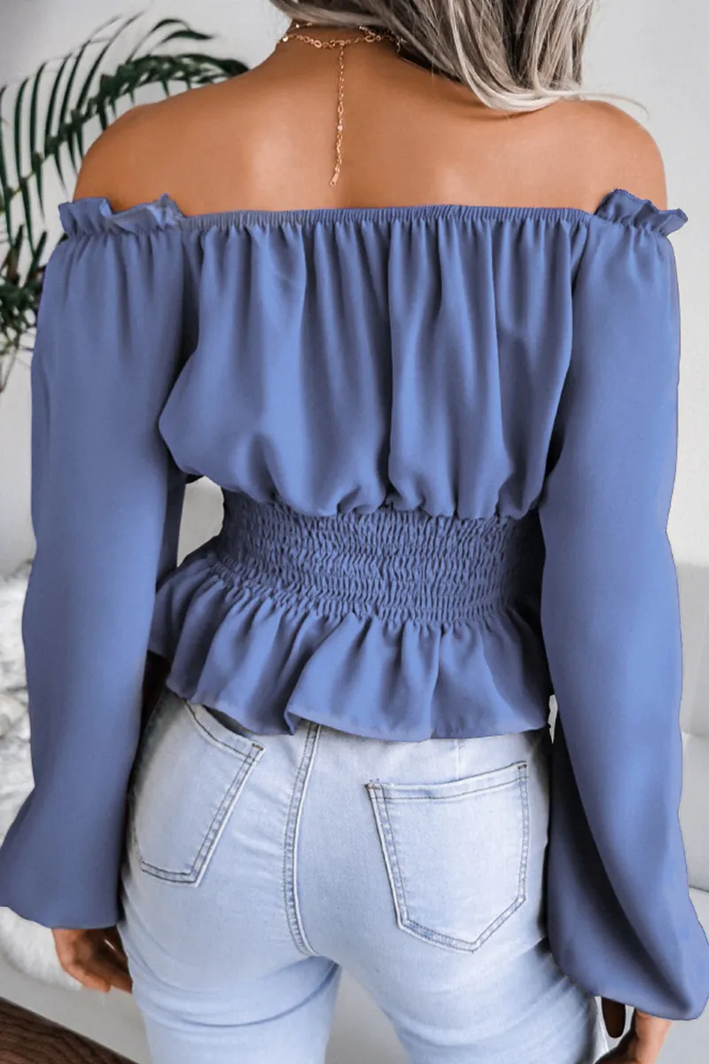 Fashion Elegant Solid Patchwork Flounce Off the Shoulder Blouses(5 Colors)