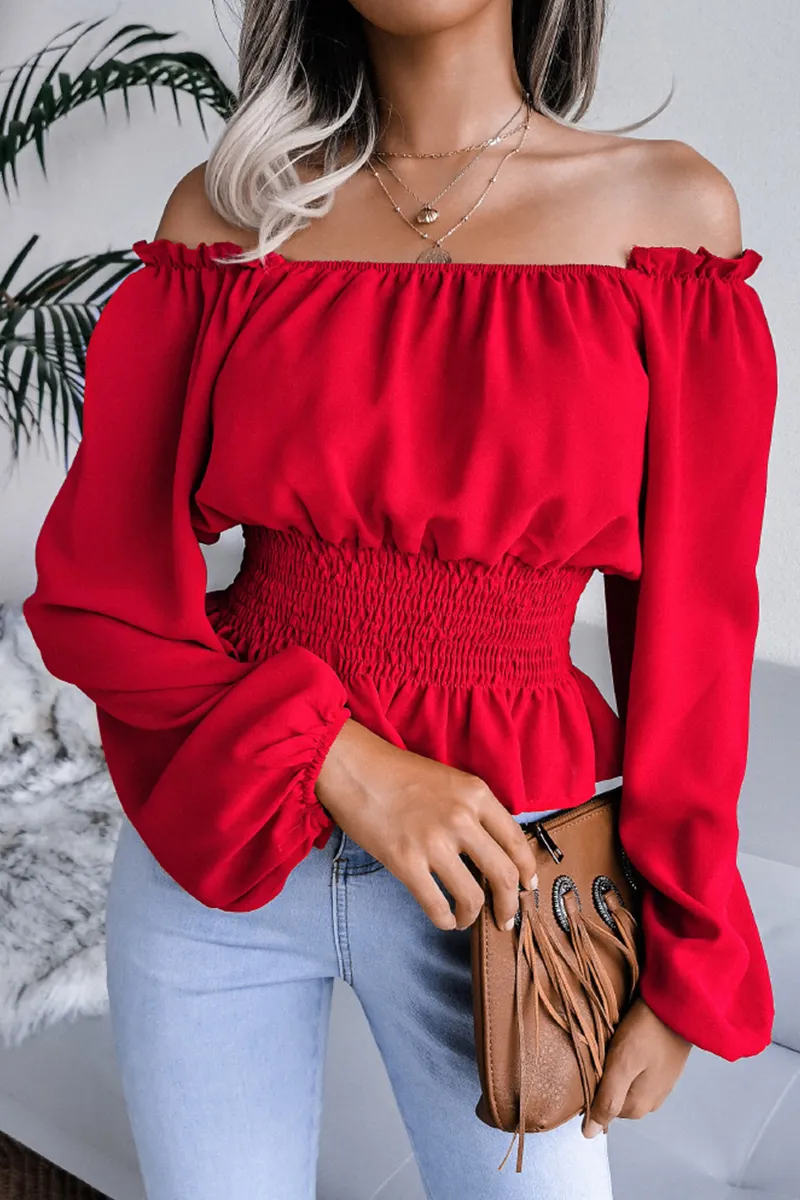 Fashion Elegant Solid Patchwork Flounce Off the Shoulder Blouses(5 Colors)
