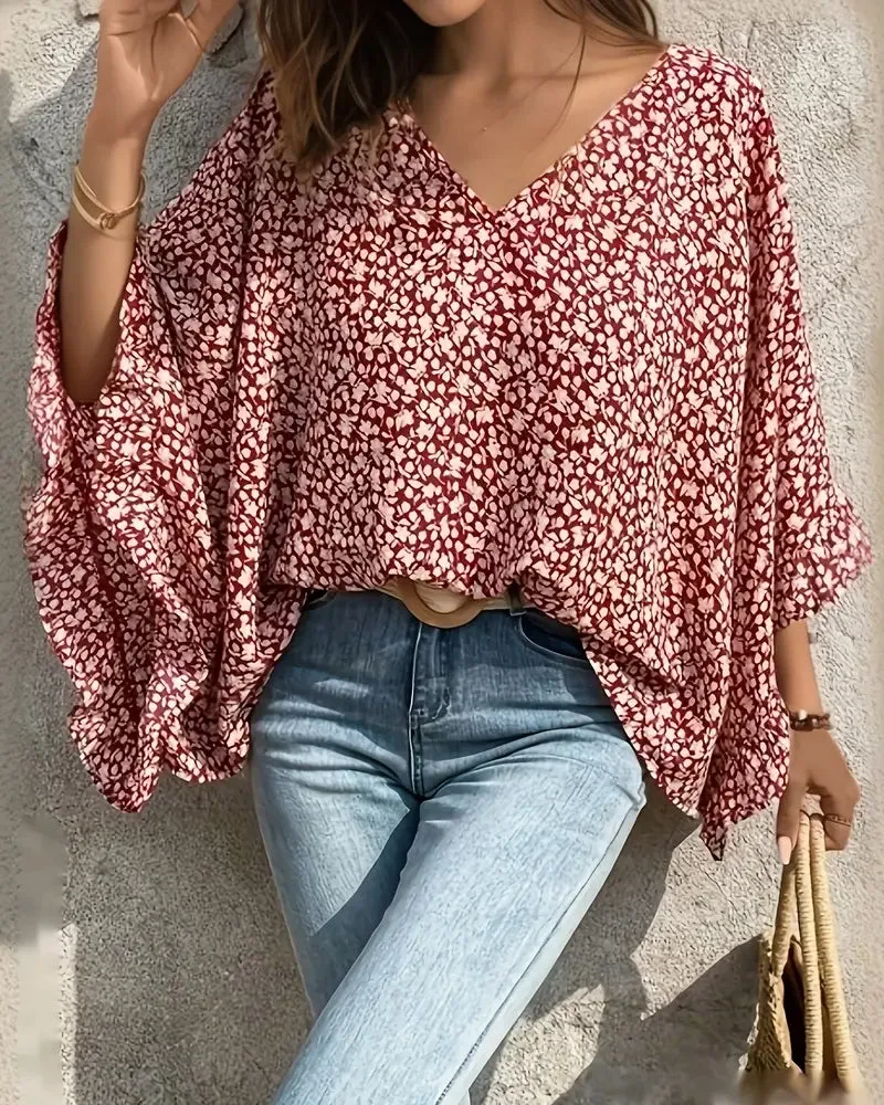 Floral print batwing sleeve elegant top