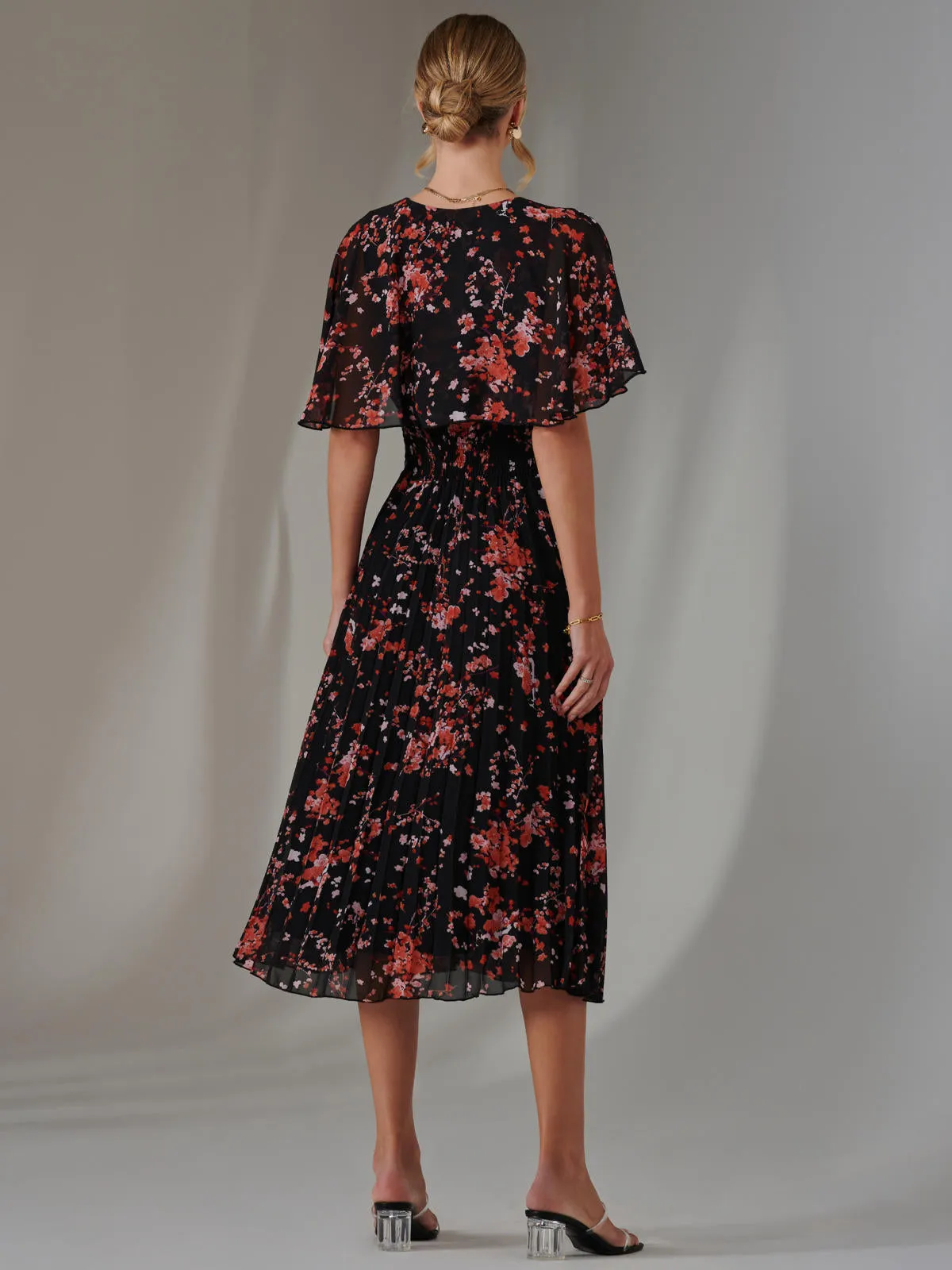 Floral Print Chiffon Pleated Dress, Black Red Floral