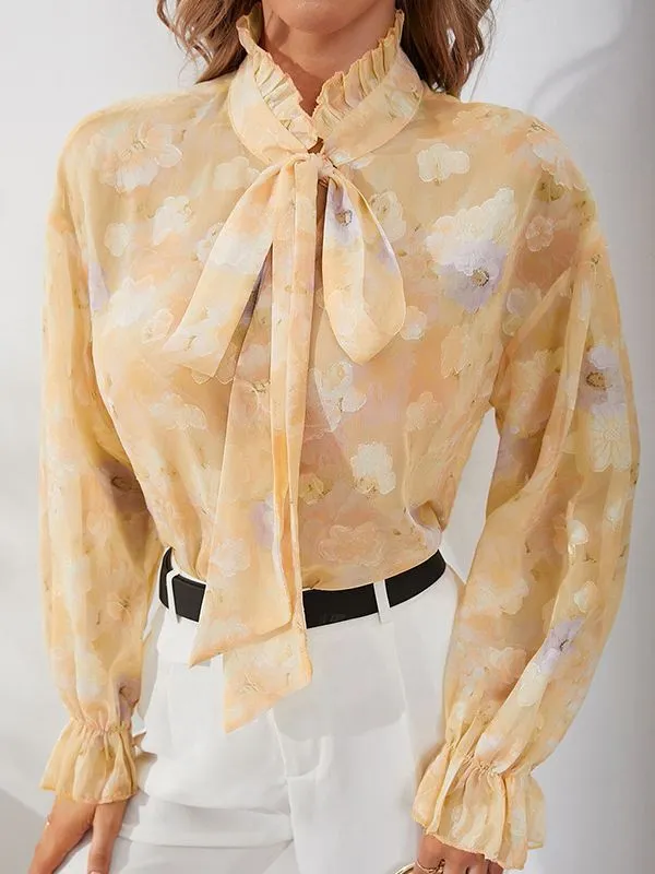 Floral Print Elegant Chiffon Long Sleeve Shirts Wholesale Womens Tops