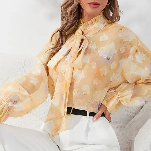 Floral Print Elegant Chiffon Long Sleeve Shirts Wholesale Womens Tops