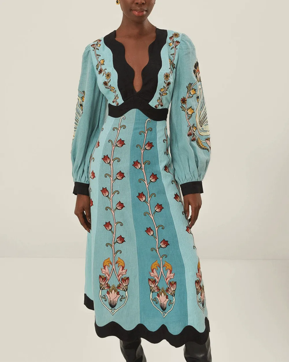 Flowing Beauty Blue Long Sleeve Midi Dress
