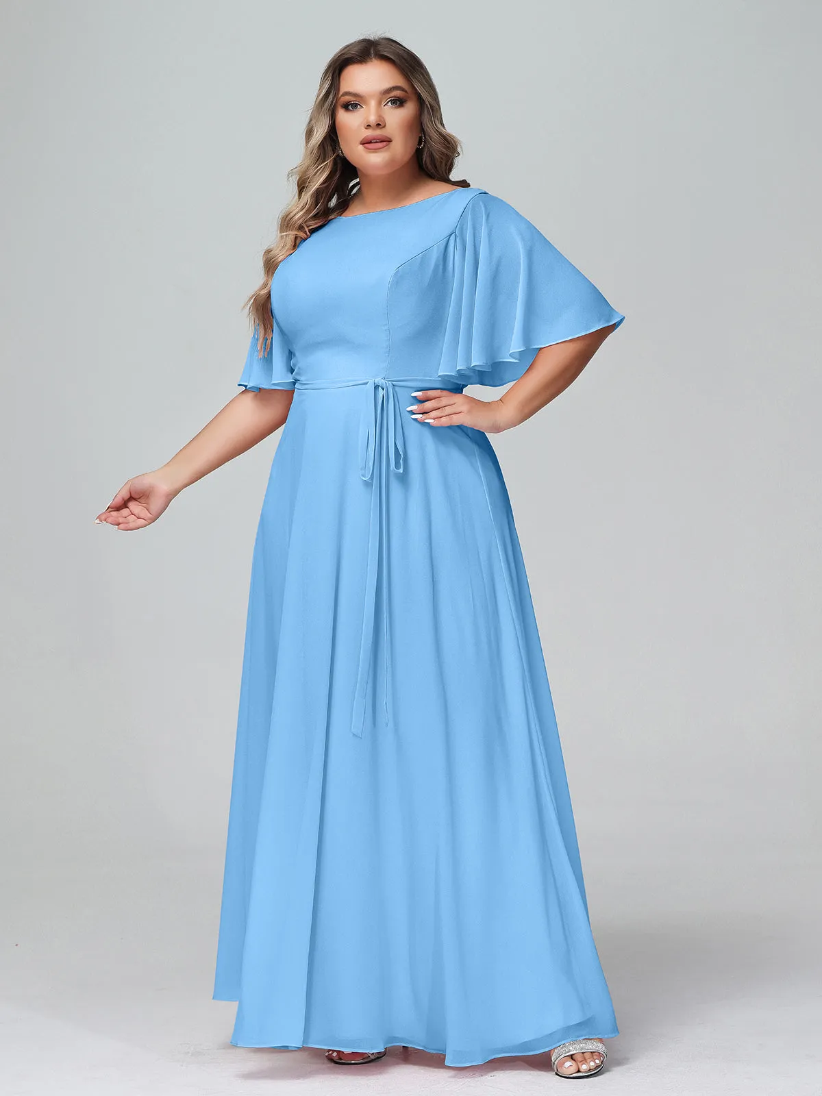 Flutter Sleeves Chiffon Max Dresses with Sash Bow-Blue Plus Size