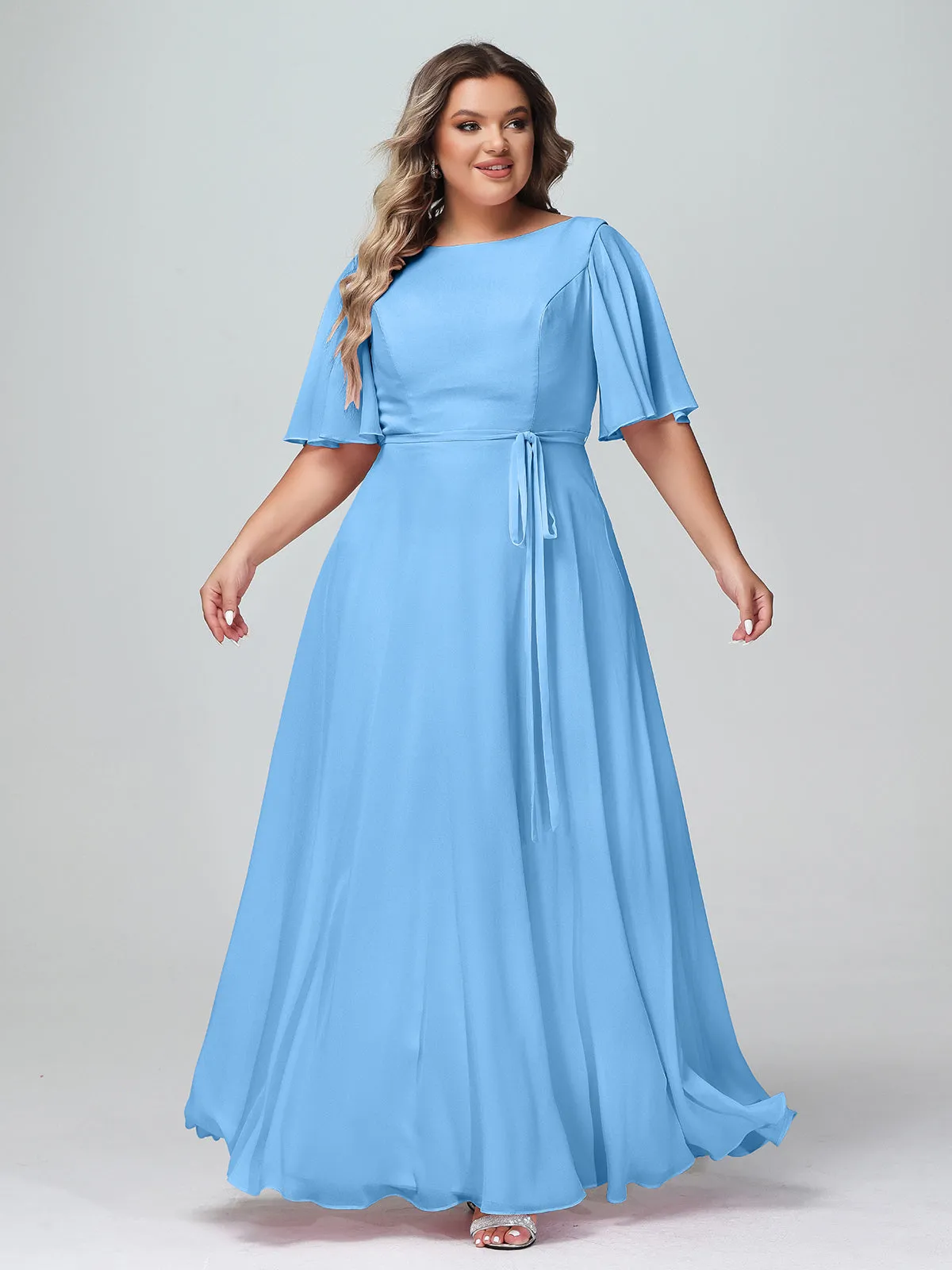 Flutter Sleeves Chiffon Max Dresses with Sash Bow-Blue Plus Size