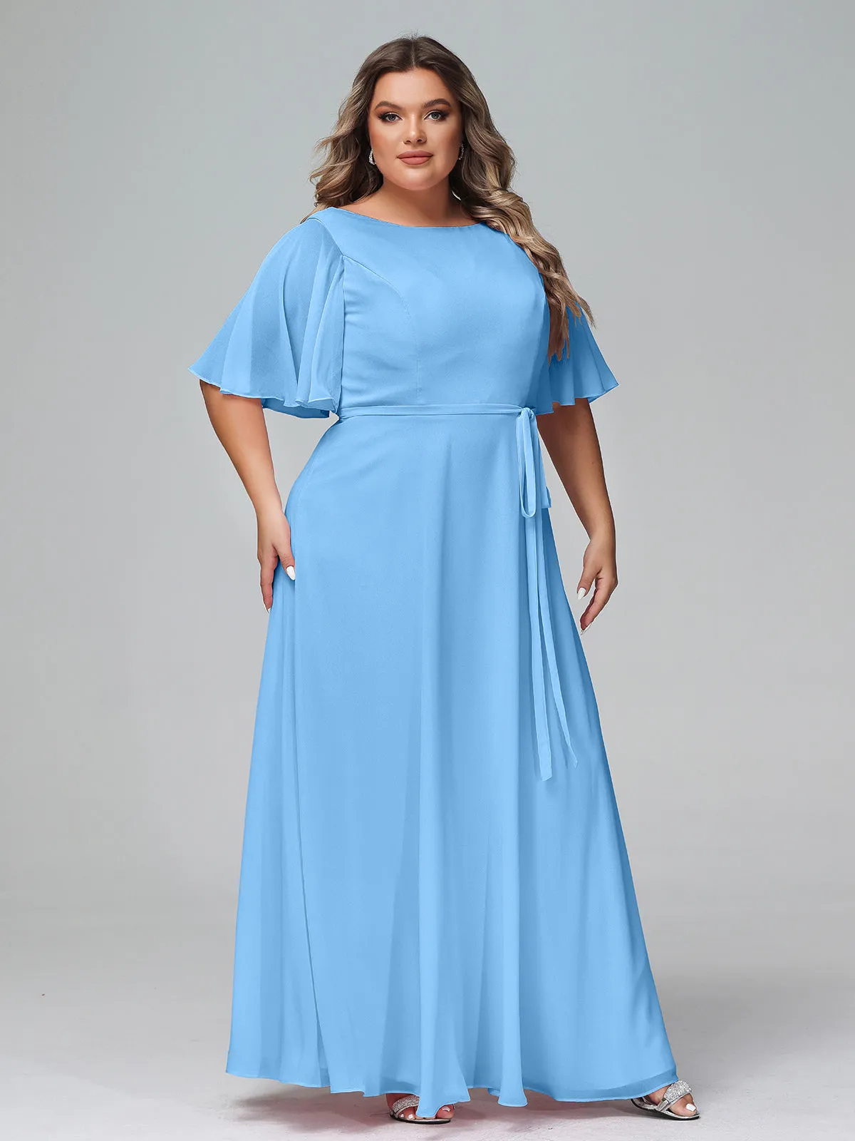 Flutter Sleeves Chiffon Max Dresses with Sash Bow-Blue Plus Size