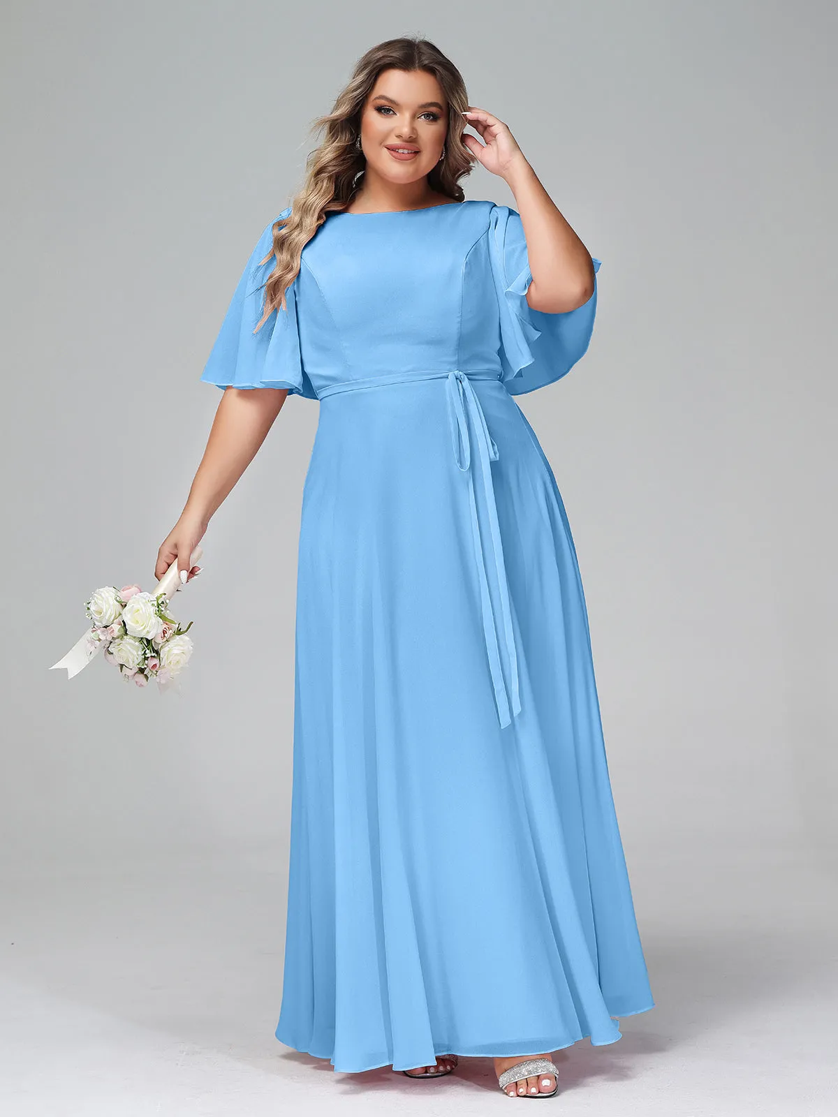 Flutter Sleeves Chiffon Max Dresses with Sash Bow-Blue Plus Size
