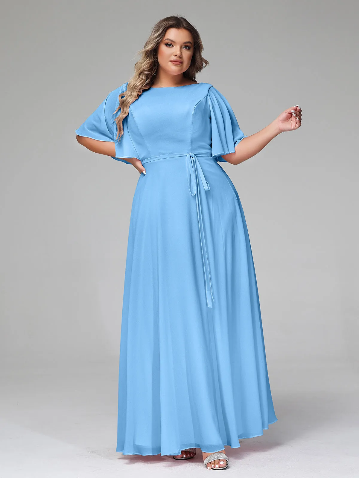 Flutter Sleeves Chiffon Max Dresses with Sash Bow-Blue Plus Size