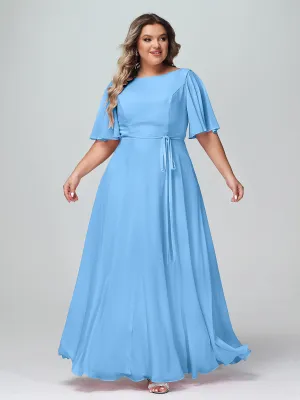 Flutter Sleeves Chiffon Max Dresses with Sash Bow-Blue Plus Size