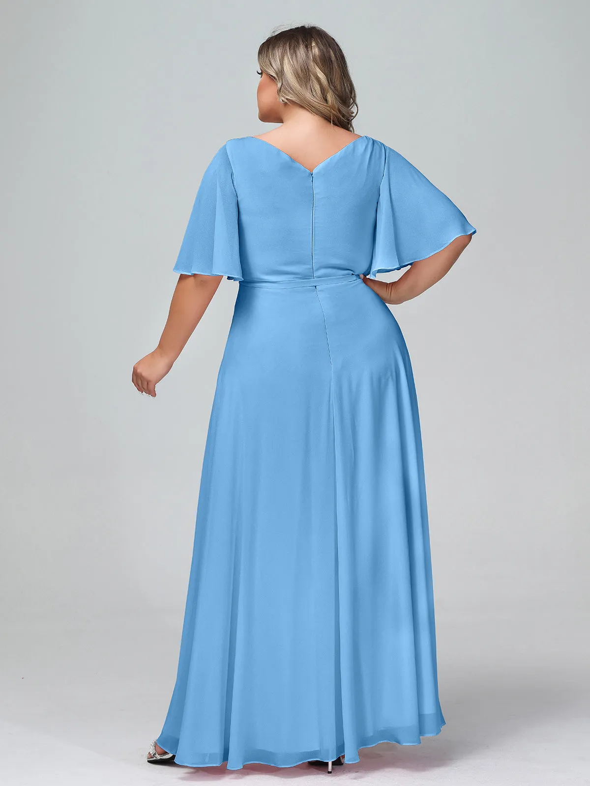 Flutter Sleeves Chiffon Max Dresses with Sash Bow-Blue Plus Size
