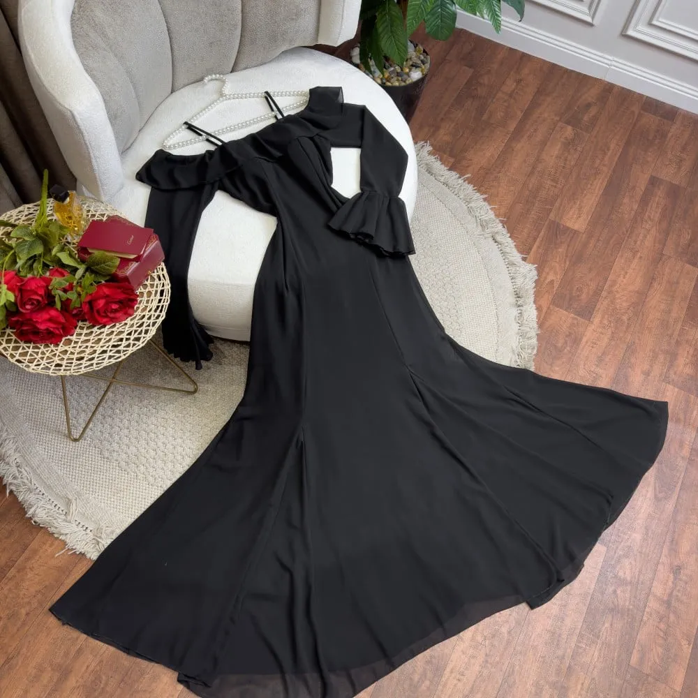 Flytonn- Black Off-Shoulder Bell Sleeves Chiffon Dress