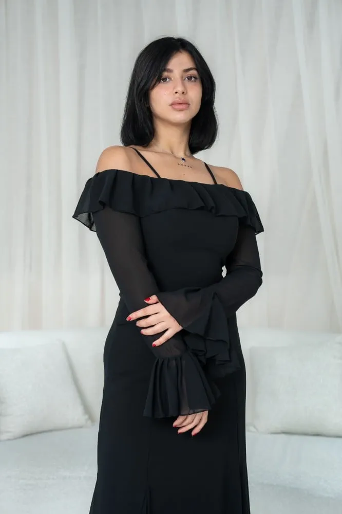 Flytonn- Black Off-Shoulder Bell Sleeves Chiffon Dress