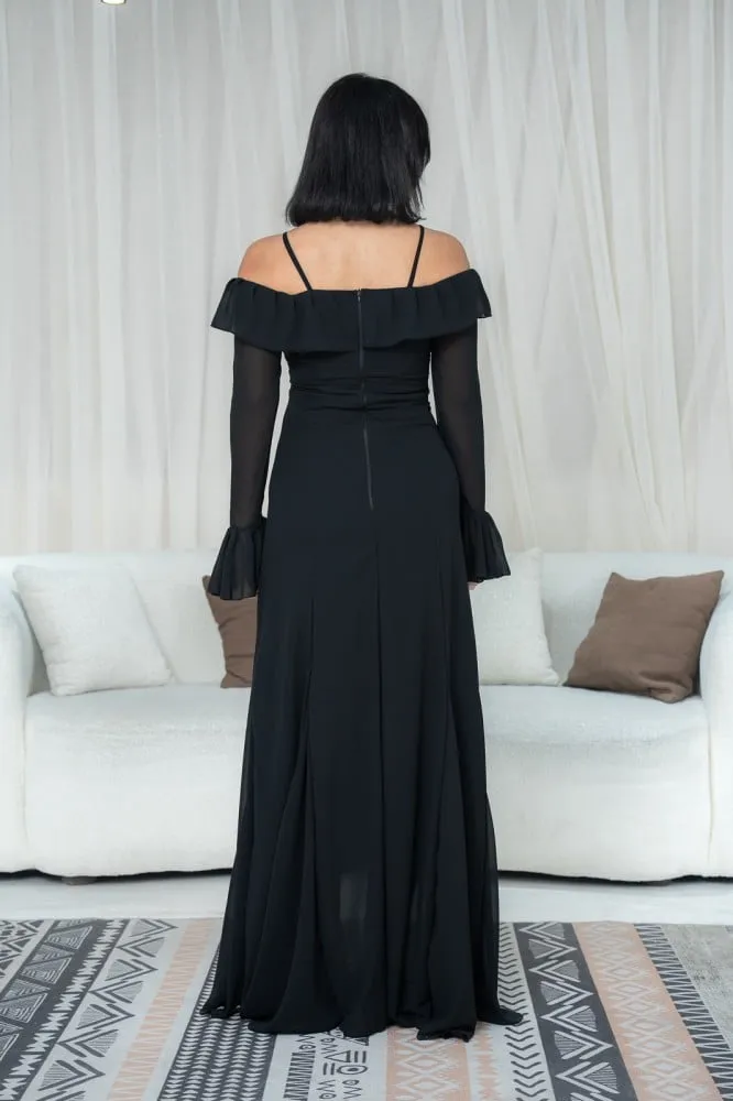 Flytonn- Black Off-Shoulder Bell Sleeves Chiffon Dress