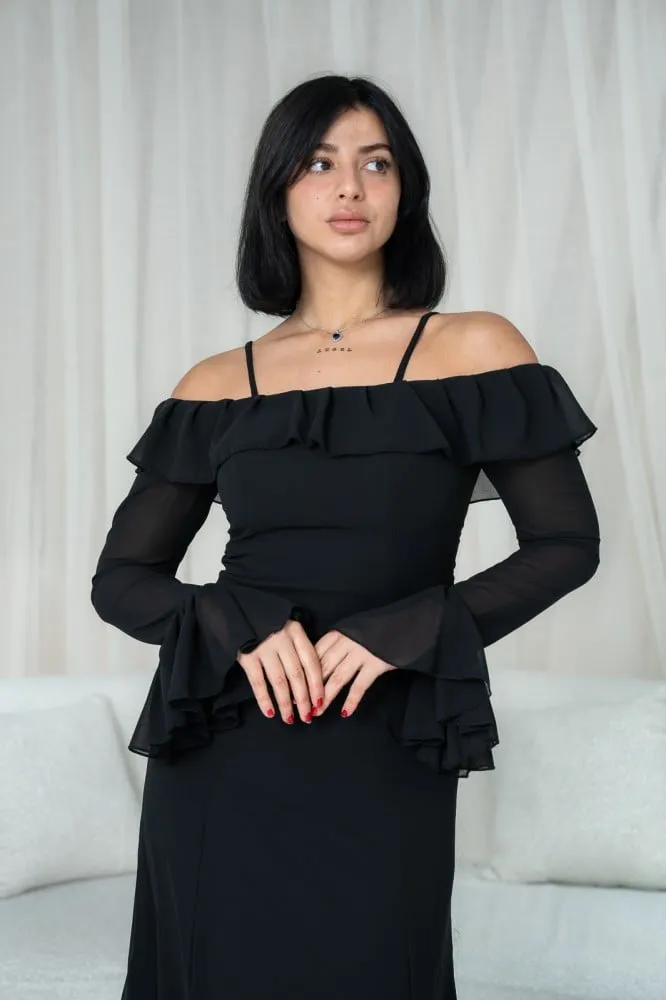 Flytonn- Black Off-Shoulder Bell Sleeves Chiffon Dress