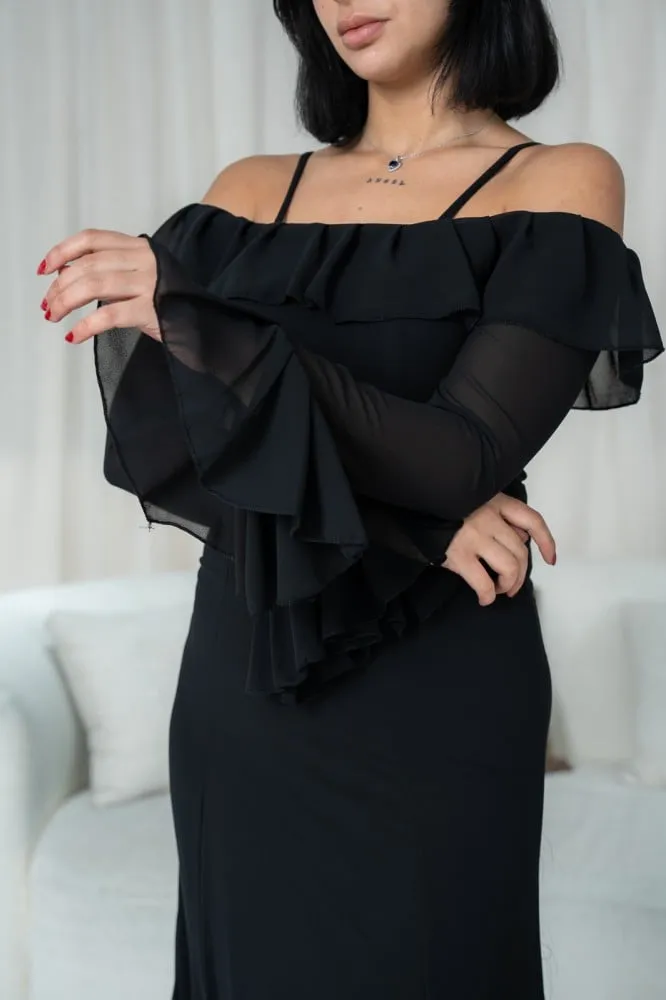 Flytonn- Black Off-Shoulder Bell Sleeves Chiffon Dress