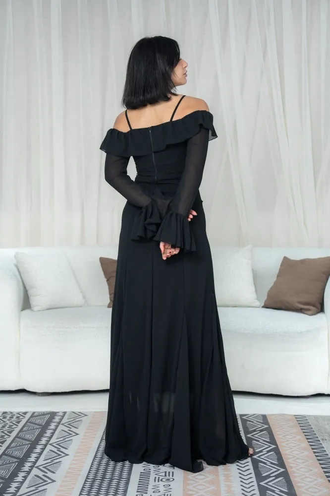 Flytonn- Black Off-Shoulder Bell Sleeves Chiffon Dress