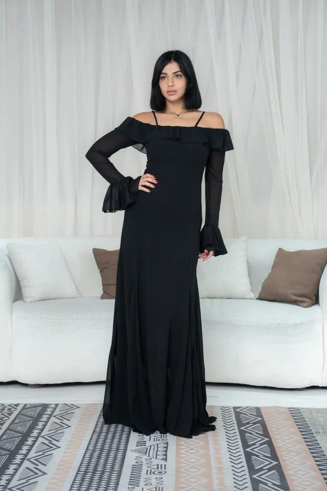 Flytonn- Black Off-Shoulder Bell Sleeves Chiffon Dress