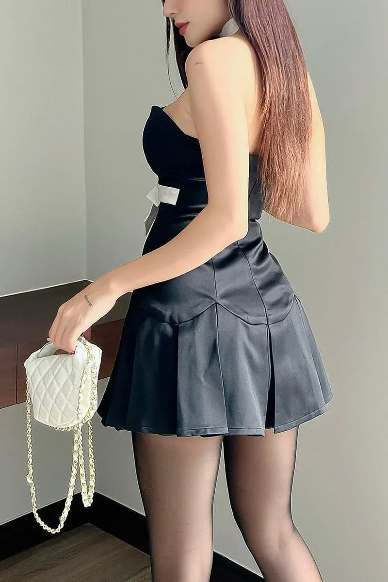 Flytonn- Rose Ribbon Strapless Pleated Mini Dress