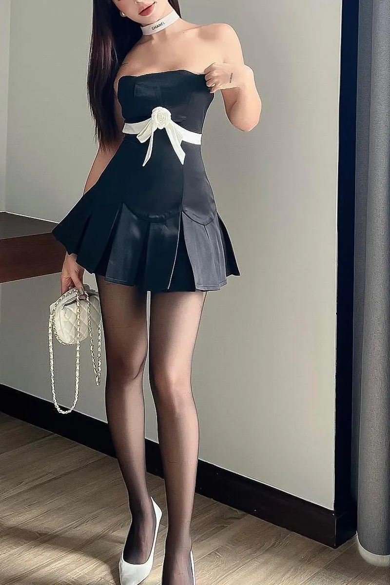 Flytonn- Rose Ribbon Strapless Pleated Mini Dress