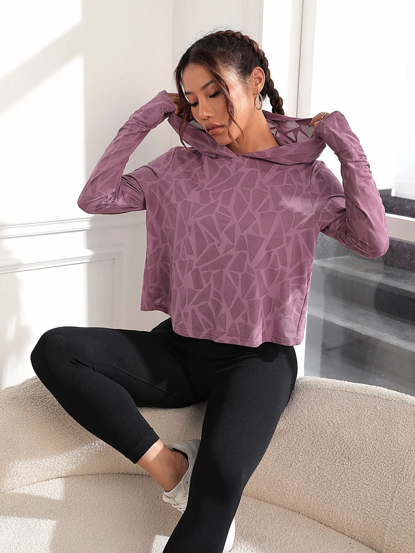Geo Print Hooded Asymmetrical Hem Sports Sweatshirt FW22