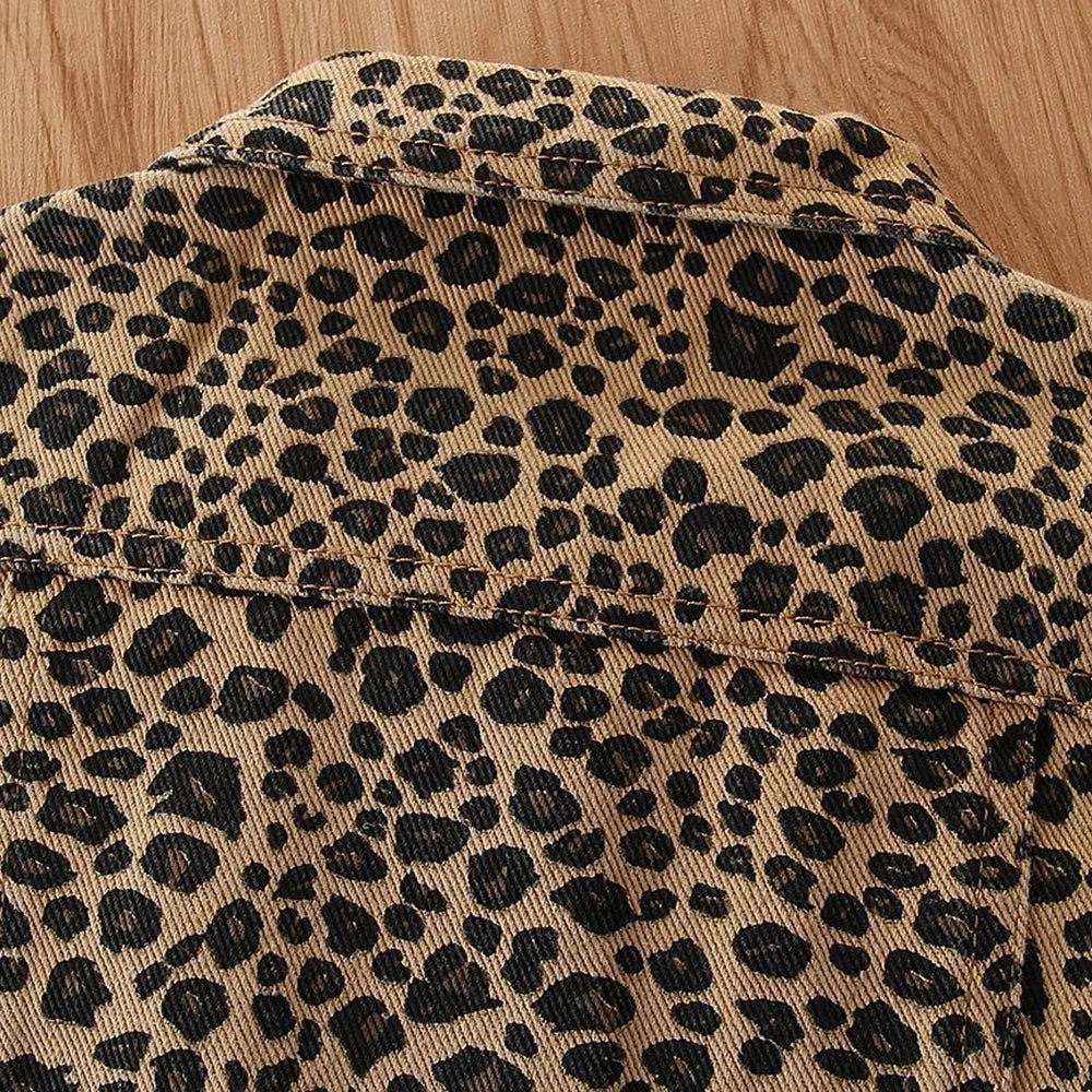Girls Leopard Denim Lapel Long Sleeve Button Jacket Wholesale