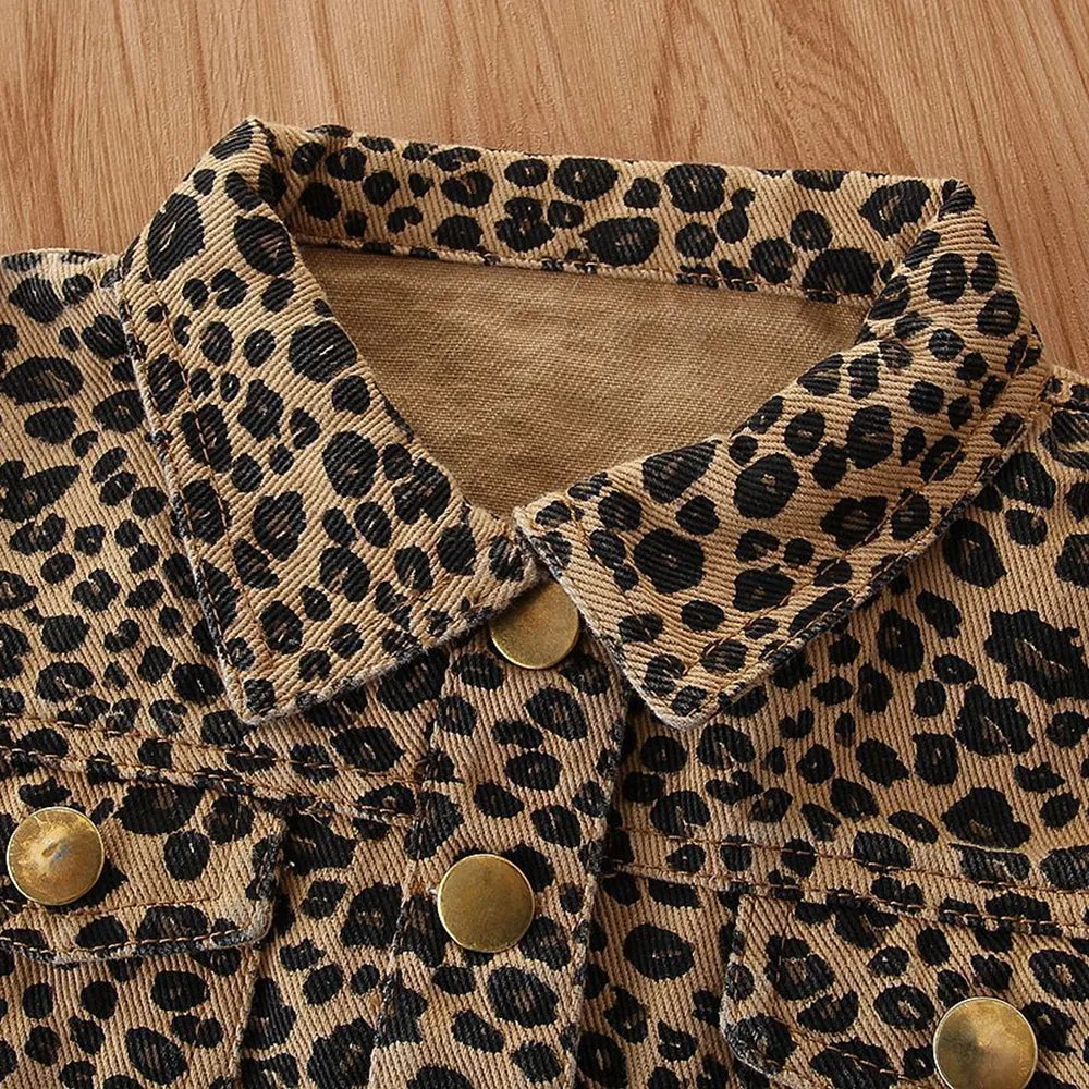 Girls Leopard Denim Lapel Long Sleeve Button Jacket Wholesale