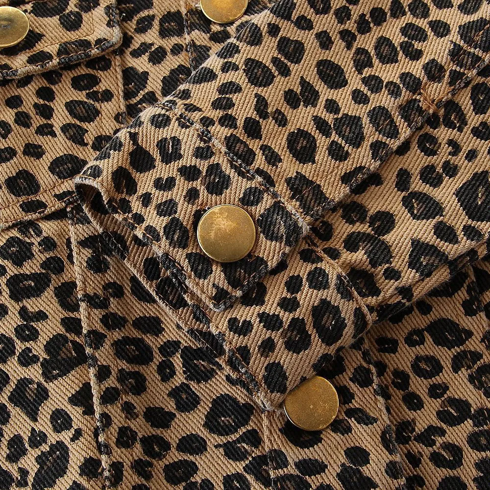 Girls Leopard Denim Lapel Long Sleeve Button Jacket Wholesale