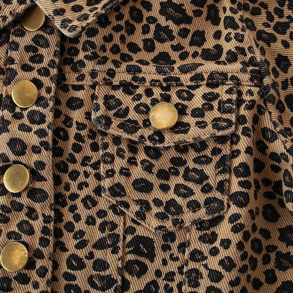 Girls Leopard Denim Lapel Long Sleeve Button Jacket Wholesale