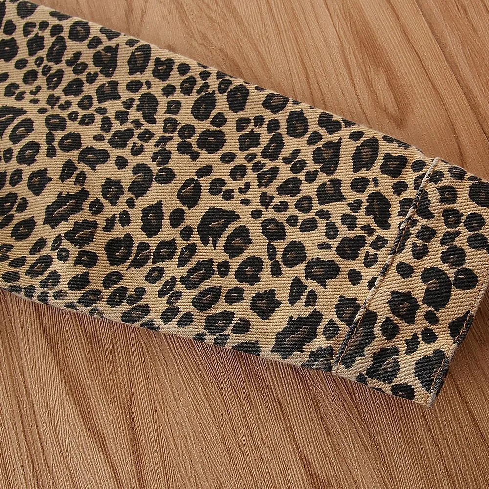 Girls Leopard Denim Lapel Long Sleeve Button Jacket Wholesale