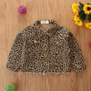Girls Leopard Denim Lapel Long Sleeve Button Jacket Wholesale