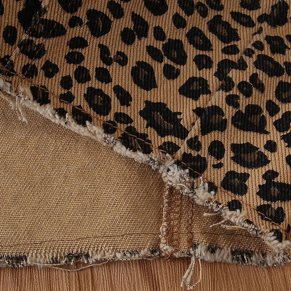 Girls Leopard Denim Lapel Long Sleeve Button Jacket Wholesale