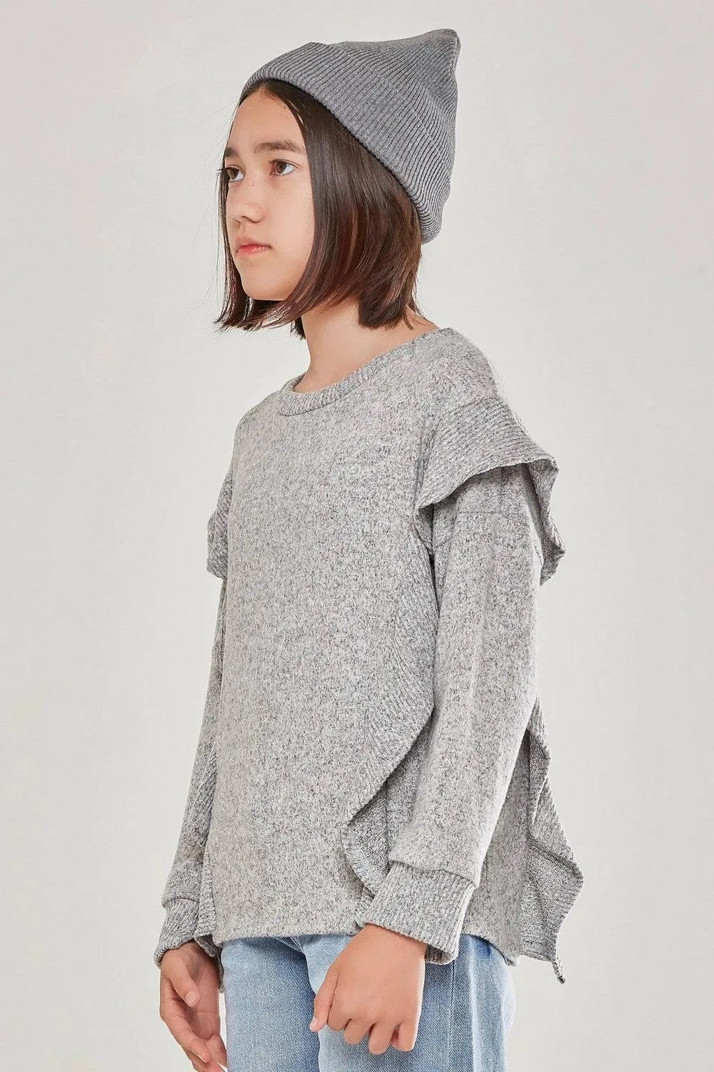 Good Girls Ruffle Slit Cuffs Knit Sweater