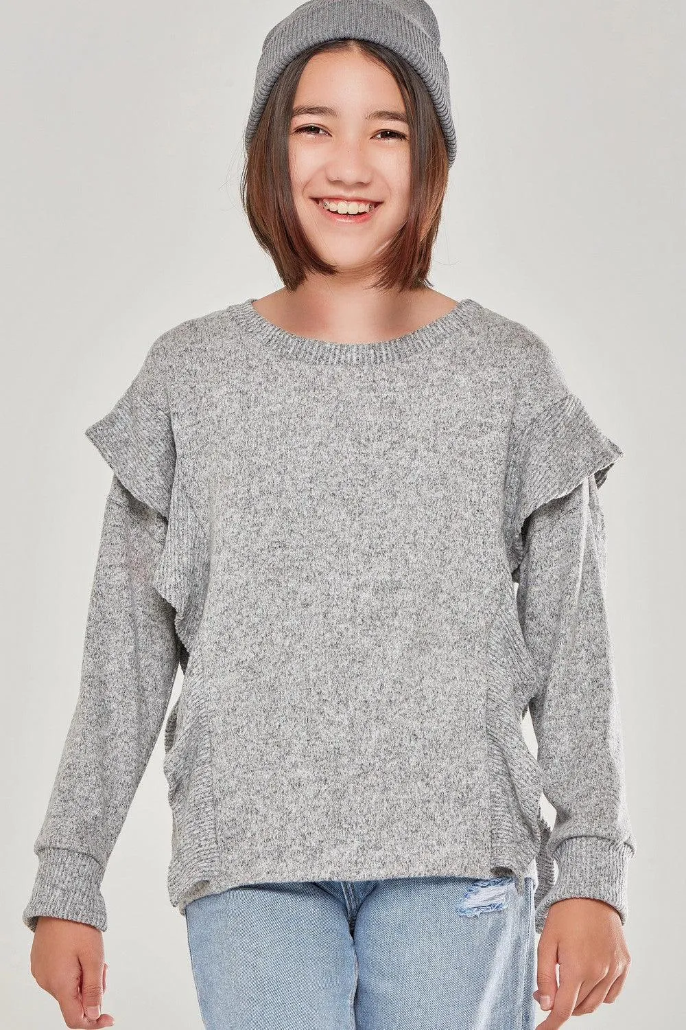 Good Girls Ruffle Slit Cuffs Knit Sweater
