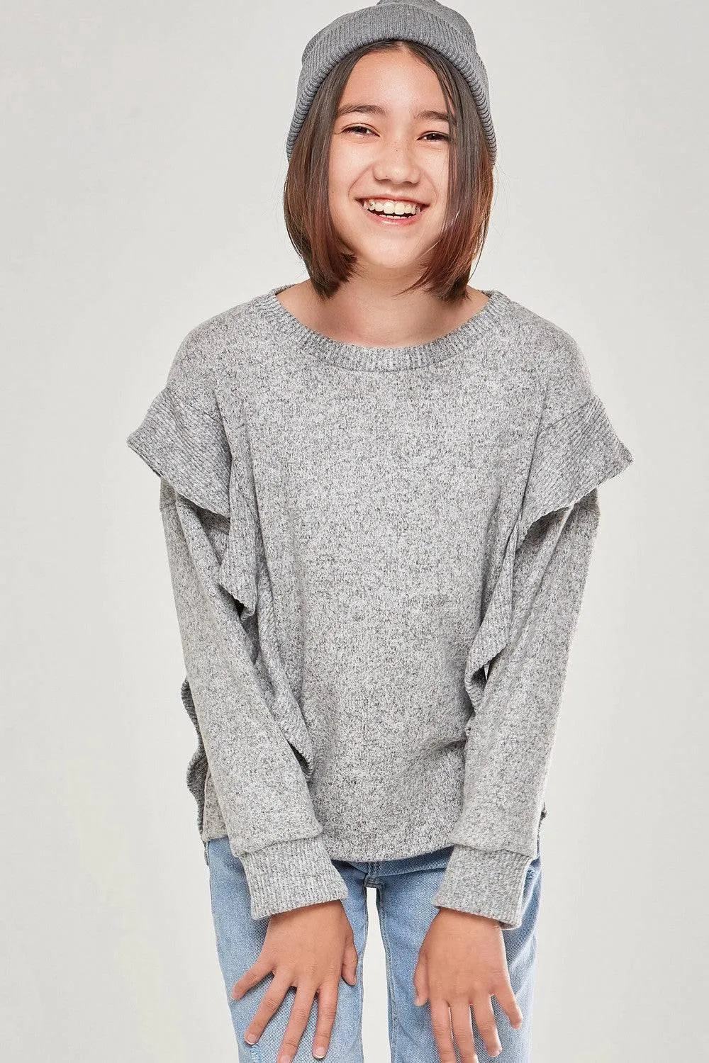 Good Girls Ruffle Slit Cuffs Knit Sweater